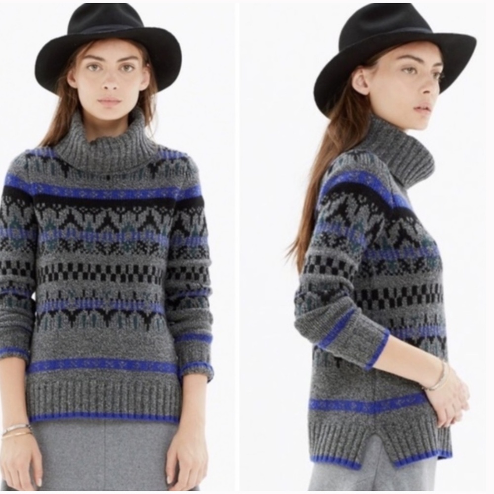 Madewell Sweater Iceblock Fair Isle Morino Wool Turtleneck